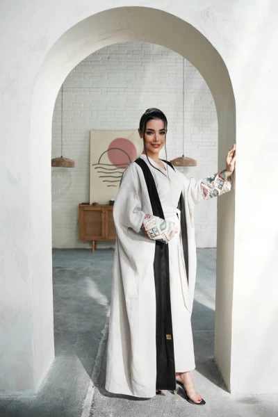 Light beige linen abaya with black inserts and embroidery C:IB283